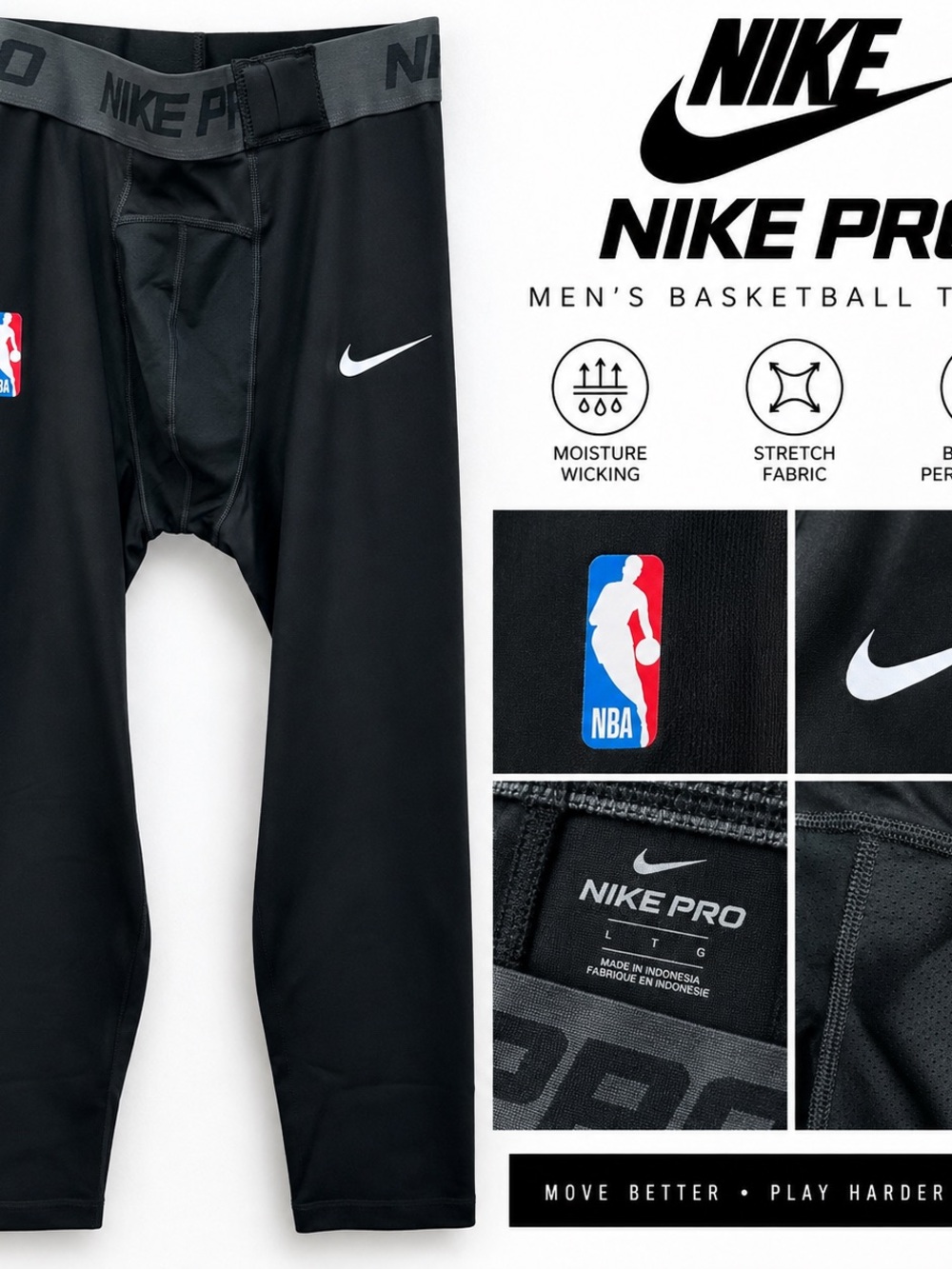 Nike Pro NBA Men’s Basketball Compression Tights Black L-Tall NWT DN1547-010